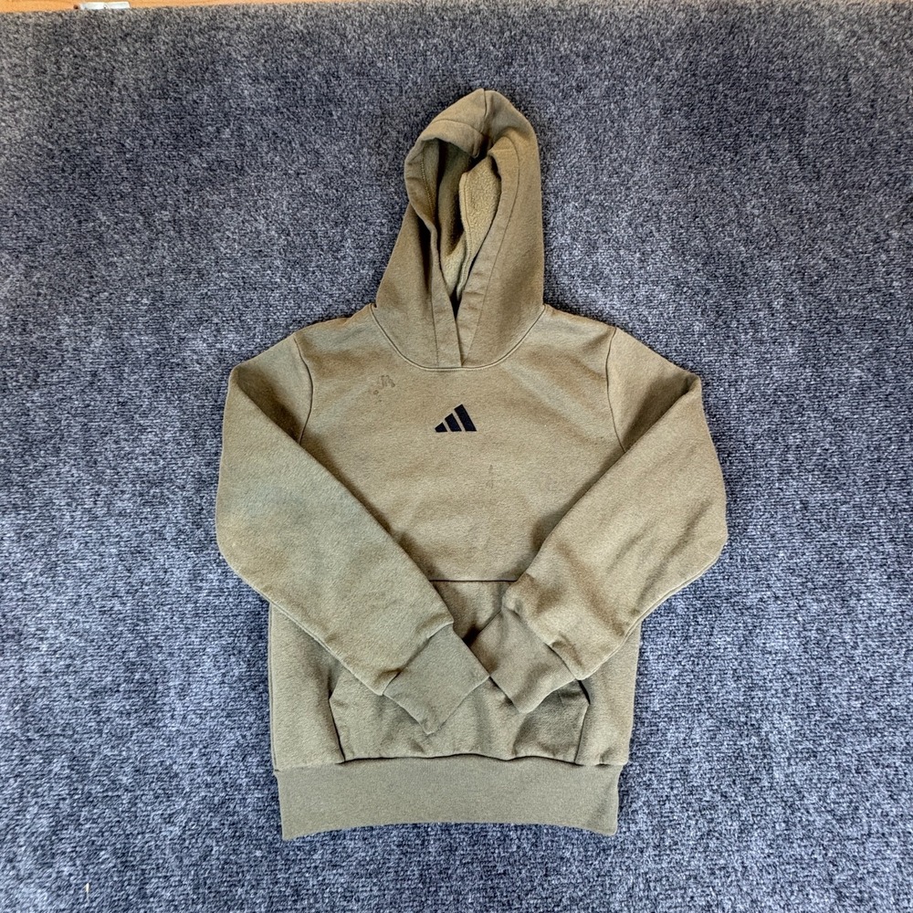 Adidas Hoodie Kids Small 8 Drab Khaki Cotton Logo Kangaroo Pockets Pullover